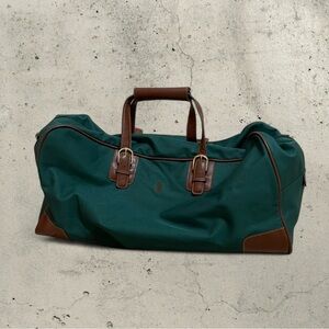Vintage Ralph Lauren Green Canvas Duffel with Brown Leather Trim Large Traveler